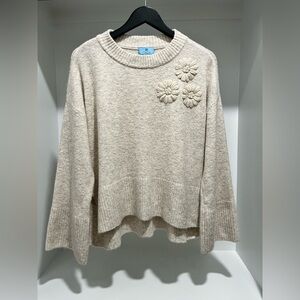 CeCe Cream Sweater with Floral Accents oversized split high low hem medium